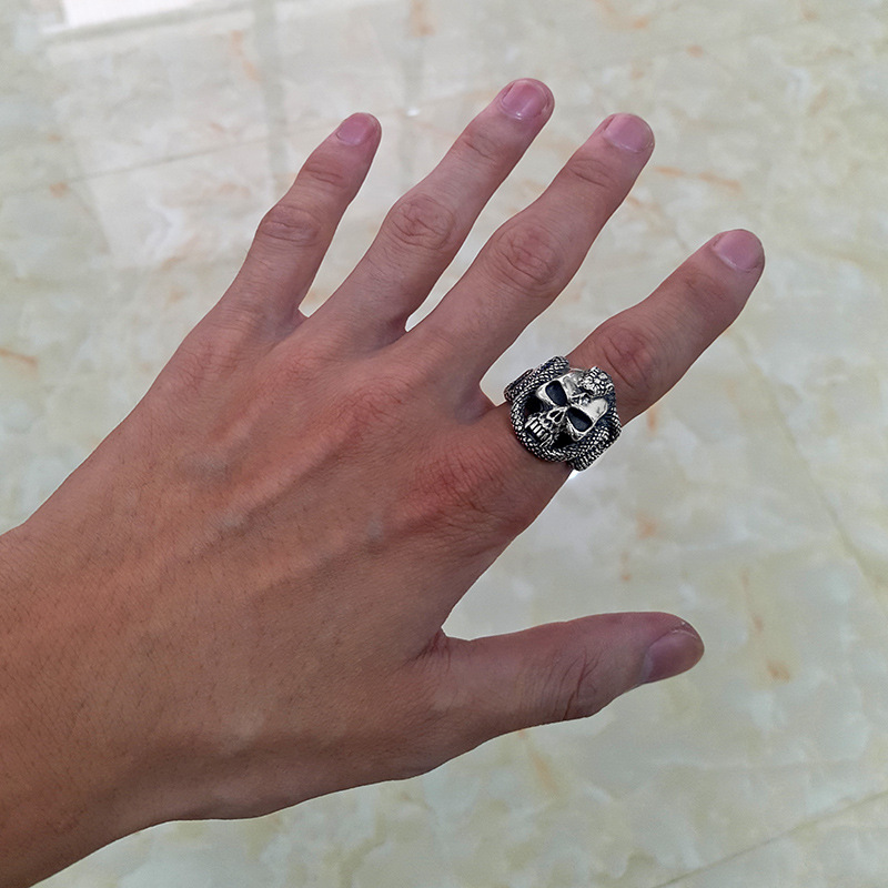 Snake Skull Ring Adjustable Silver Band Wear View