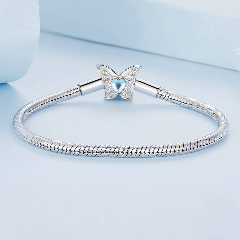 925 Sterling Silver Snake Chain Bracelet With Moonstone Butterfly