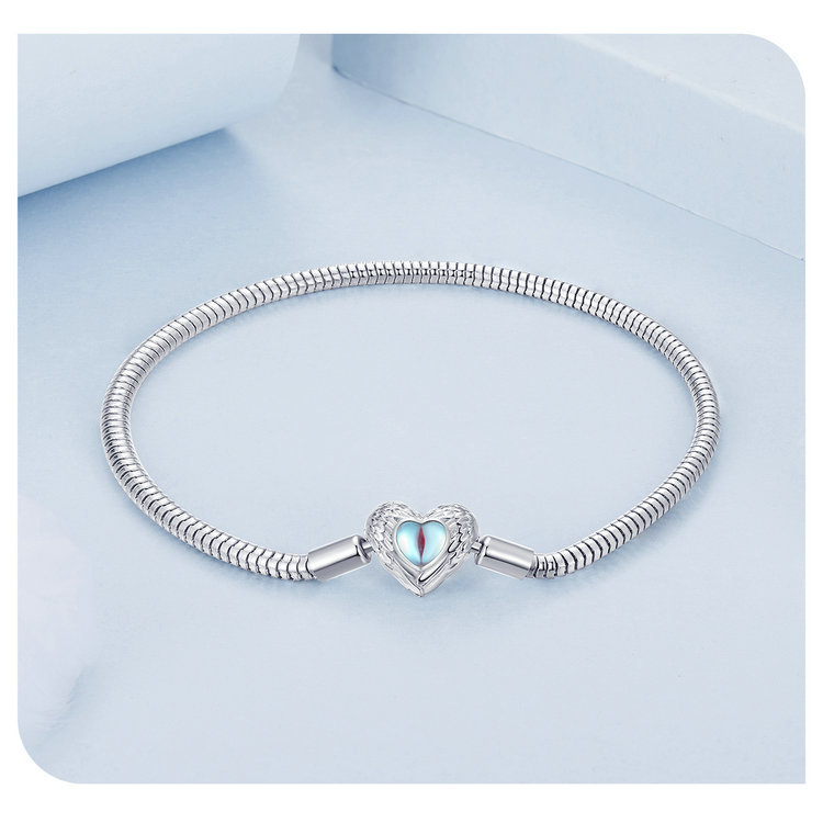 Women's Sterling Silver Snake Chain Bracelet with Moonstone Heart